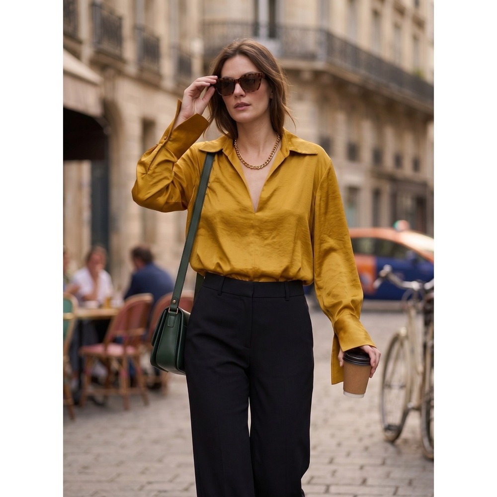 Theory Slit Collar Pullover Crushed Satin Blouse Goldfinch Yellow NWT M $285